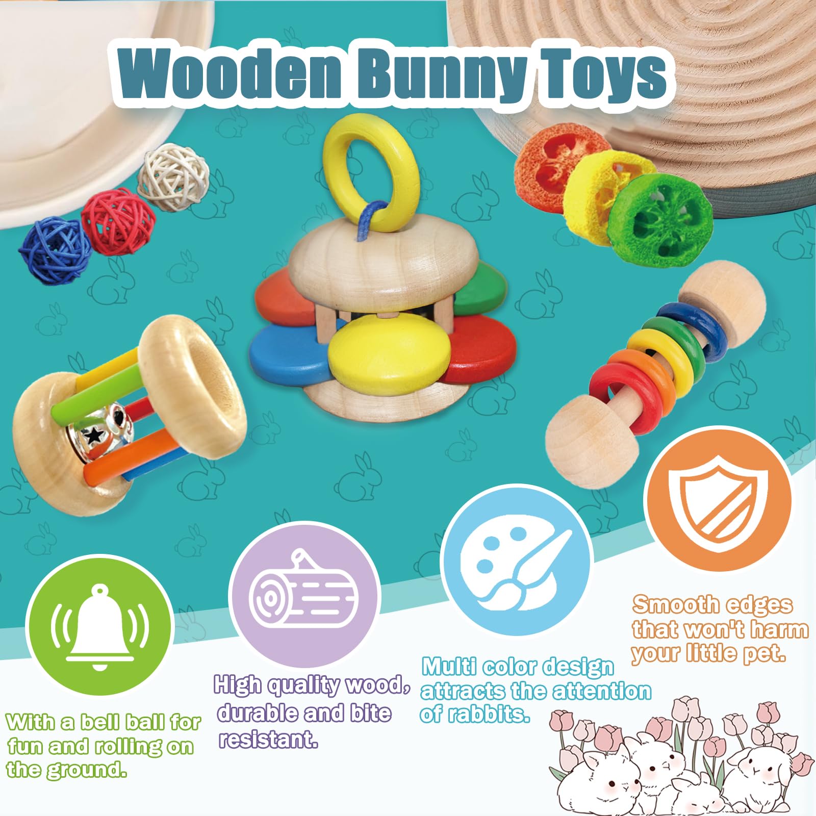 QWR colorful bells add audible cues that attract rabbits and guinea pigs