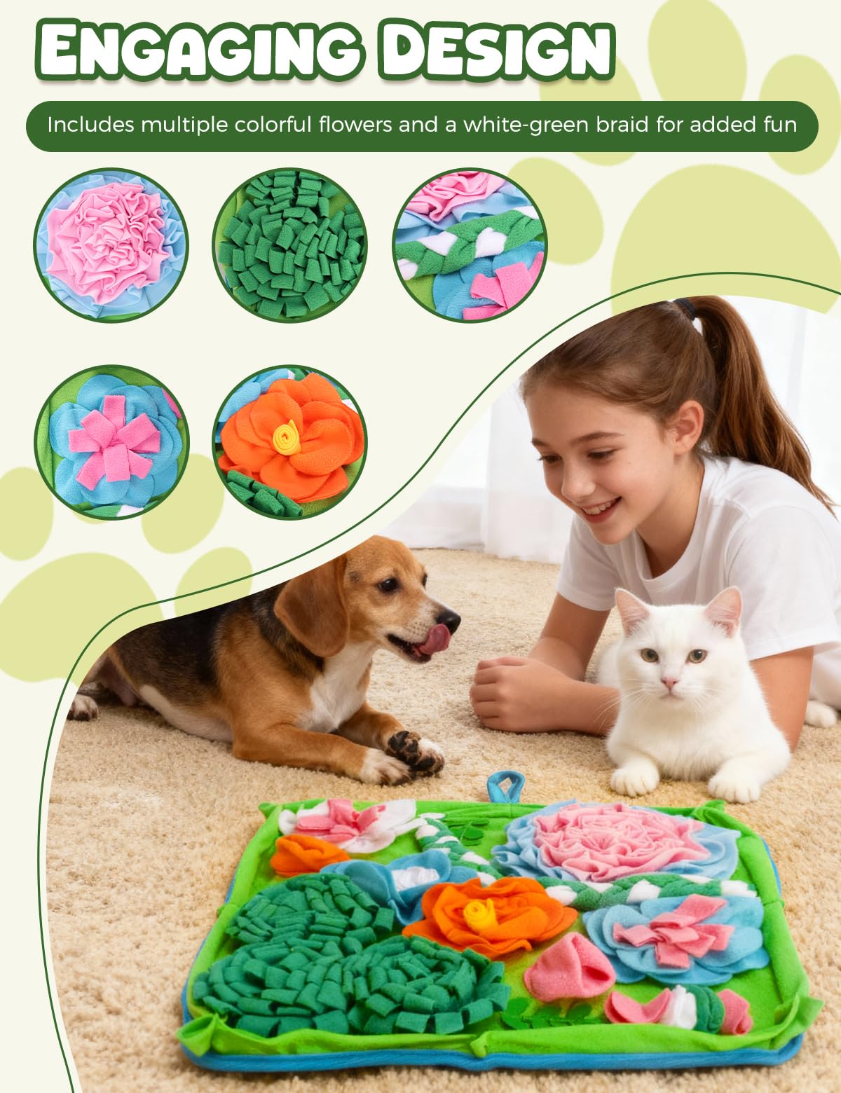 Qxsnuvvlg Snuffle Mat showing treat-hiding action for canine enrichment.