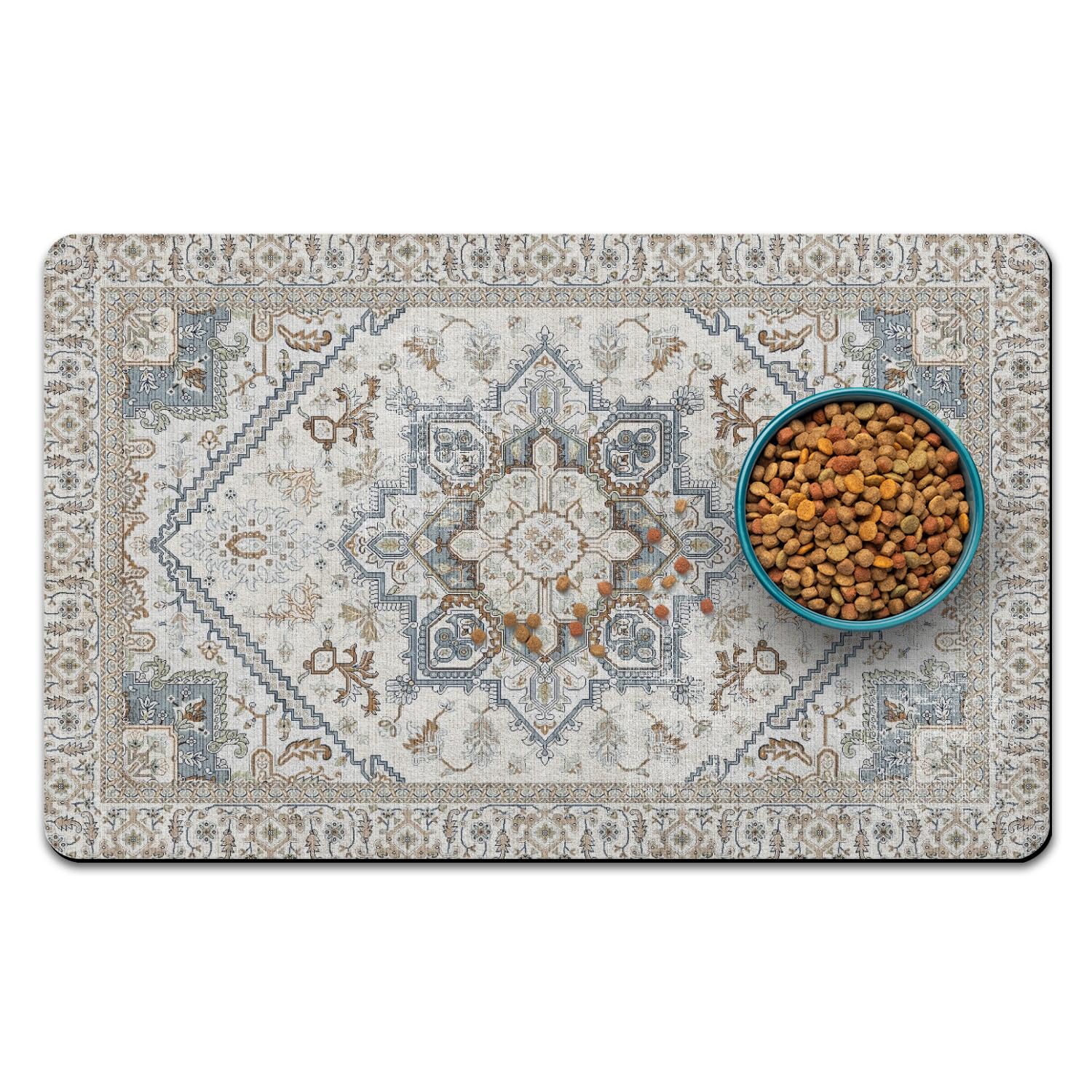 QXWREL dog food mat with absorbent layer captures spills for quick-drying floors.