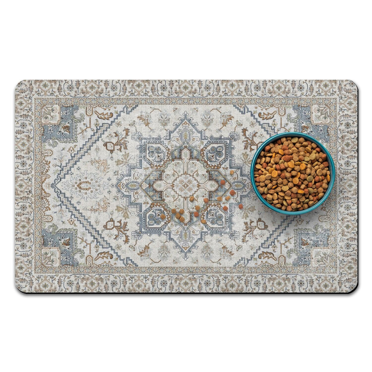 QXWREL dog food mat with absorbent layer captures spills for quick-drying floors.