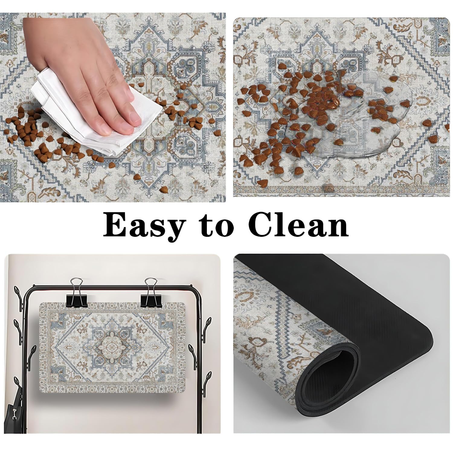 QXWREL dog food mat leak-proof bottom protects floors from moisture.