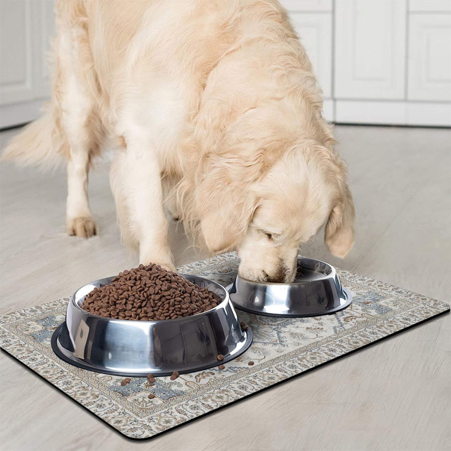QXWREL dog food mat quick-drying surface wipes up milk and colored drinks easily.