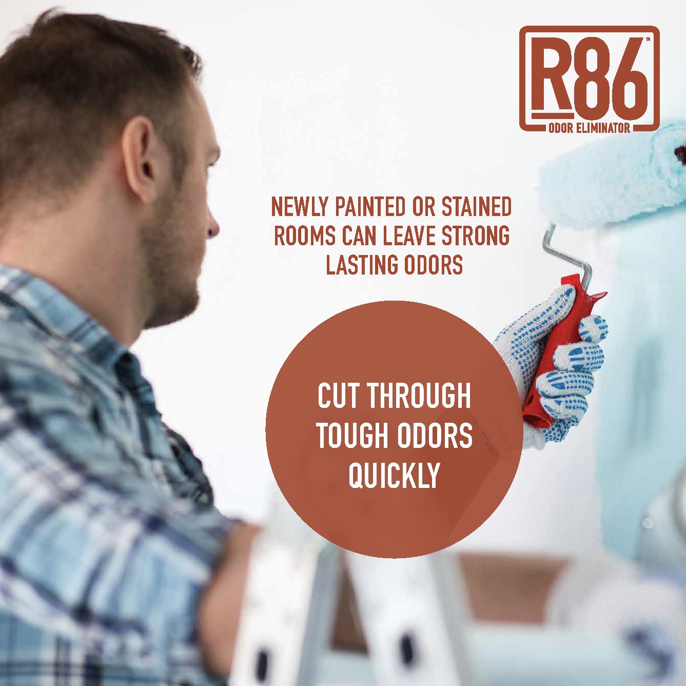 R86 biodegradable formula on label highlights non-toxic, eco-friendly odor solution.
