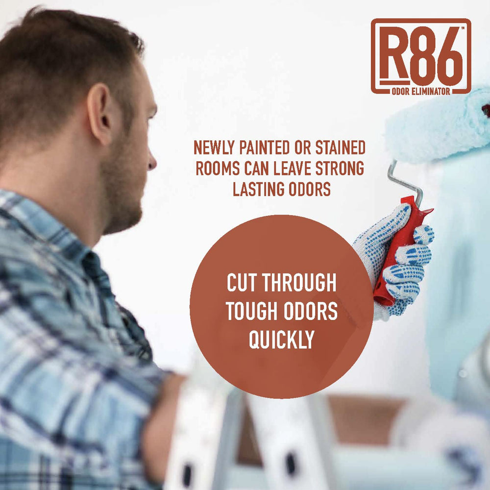 R86 biodegradable formula on label highlights non-toxic, eco-friendly odor solution.