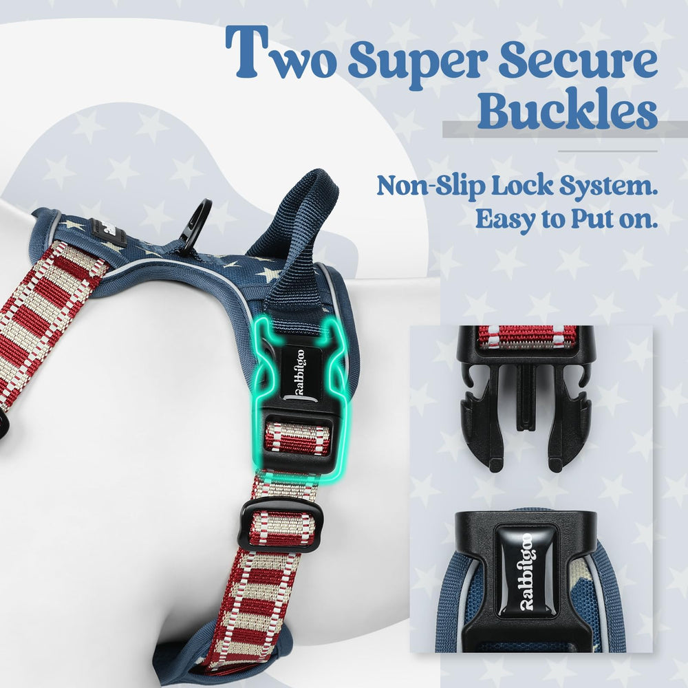 Rabbitgoo blue star harness close-up shows padded comfort and reflective trim.