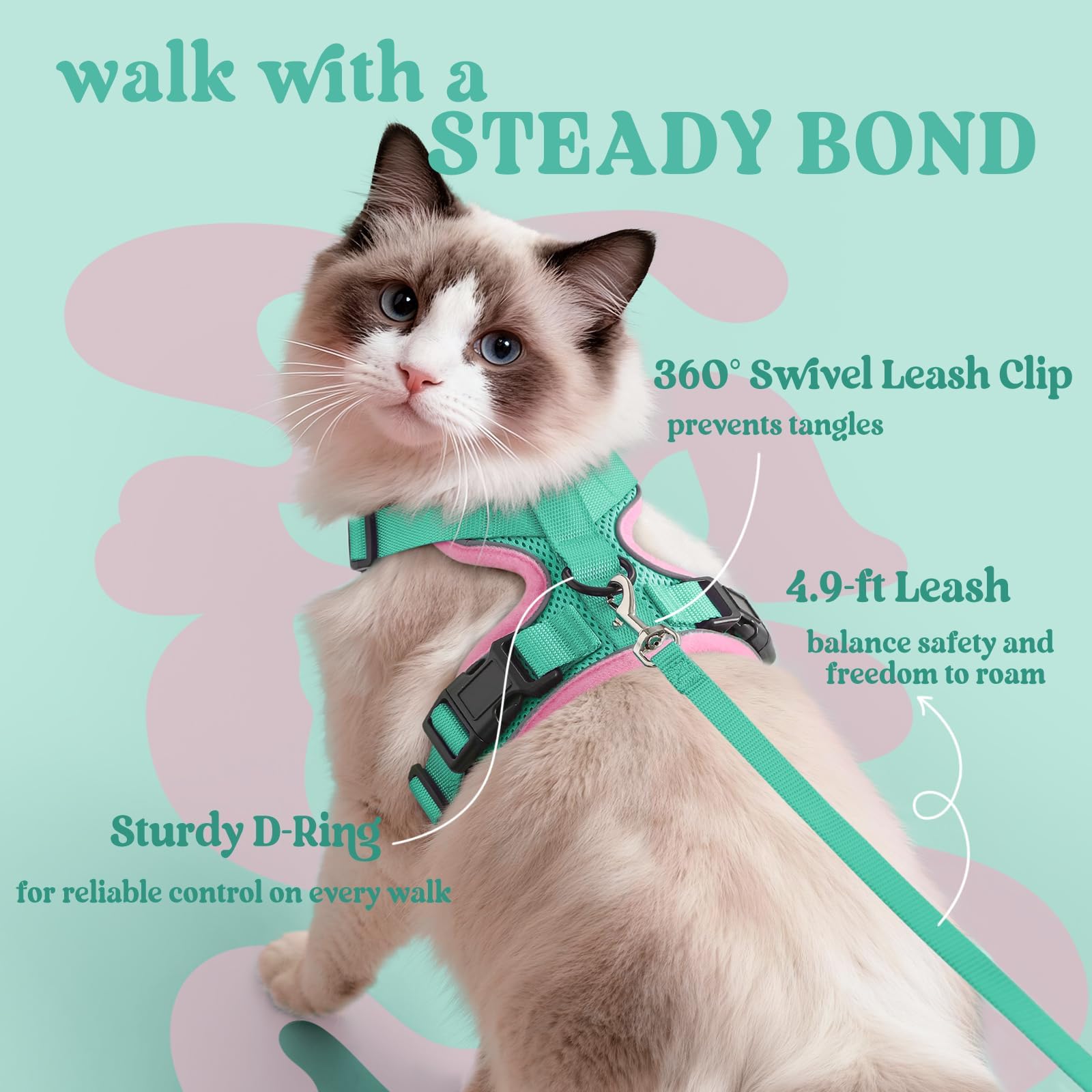 Rabbitgoo cat harness dual quick-snap buckles enable quick on/off.