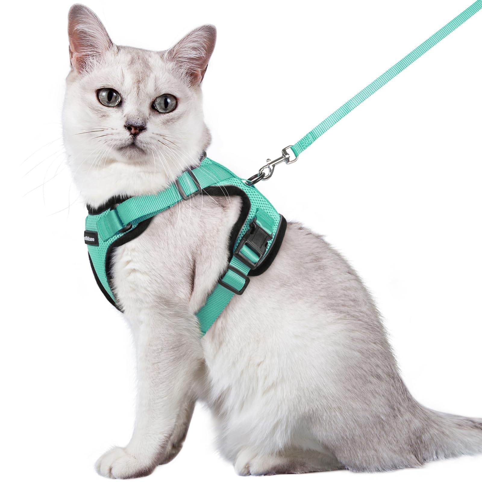 Rabbitgoo Emerald cat harness close-up showing escape-proof vest for safe walks.