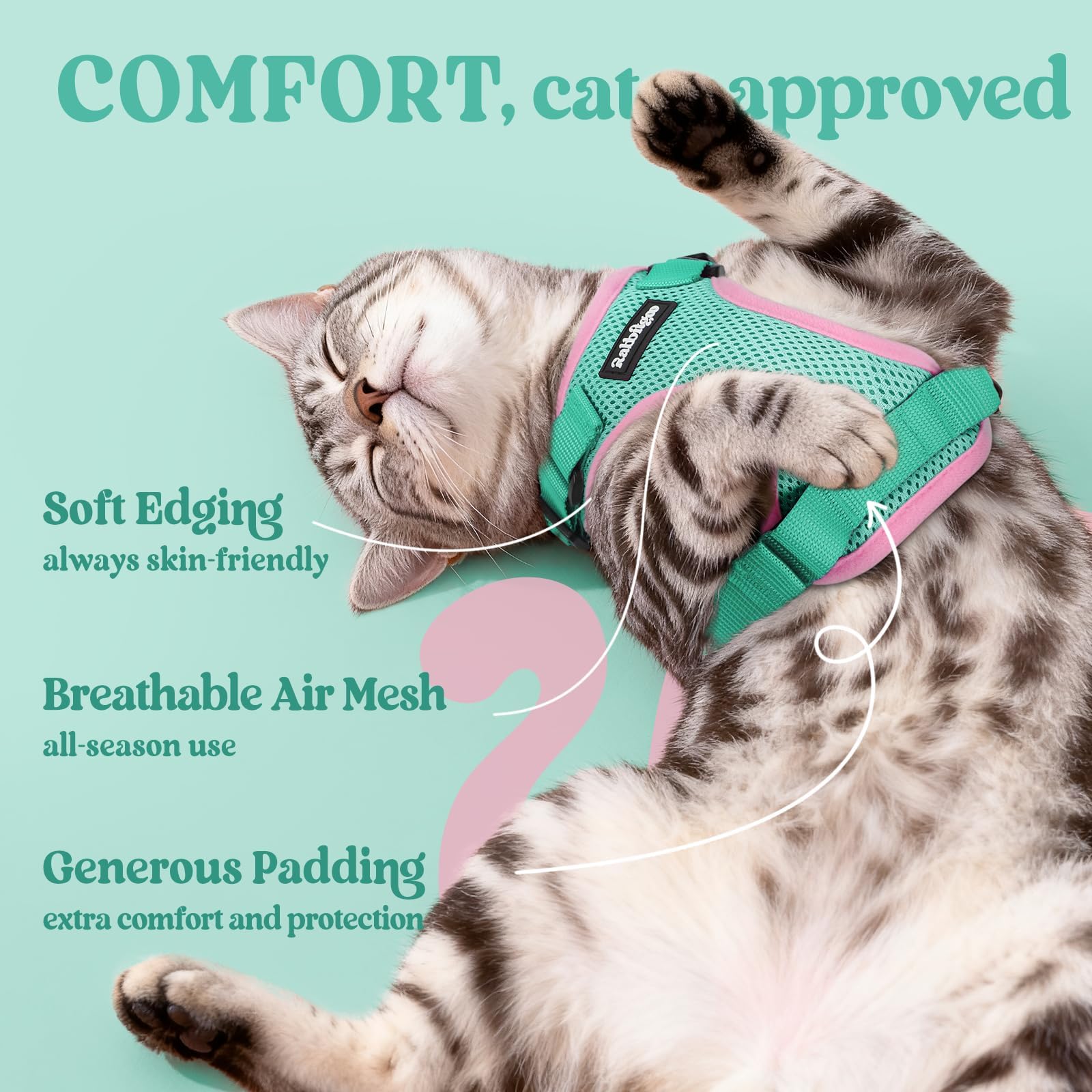 Rabbitgoo cat harness four adjustable straps offer a tailored, secure fit.