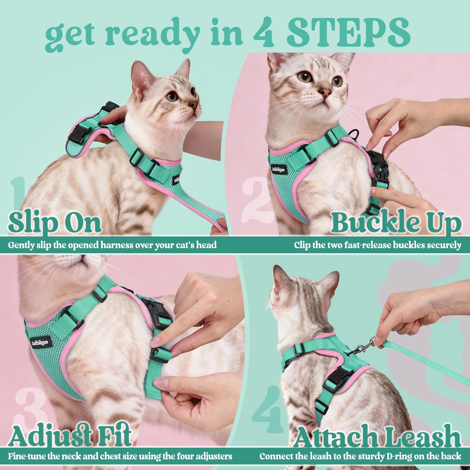 Rabbitgoo cat harness green pink color option complements style.