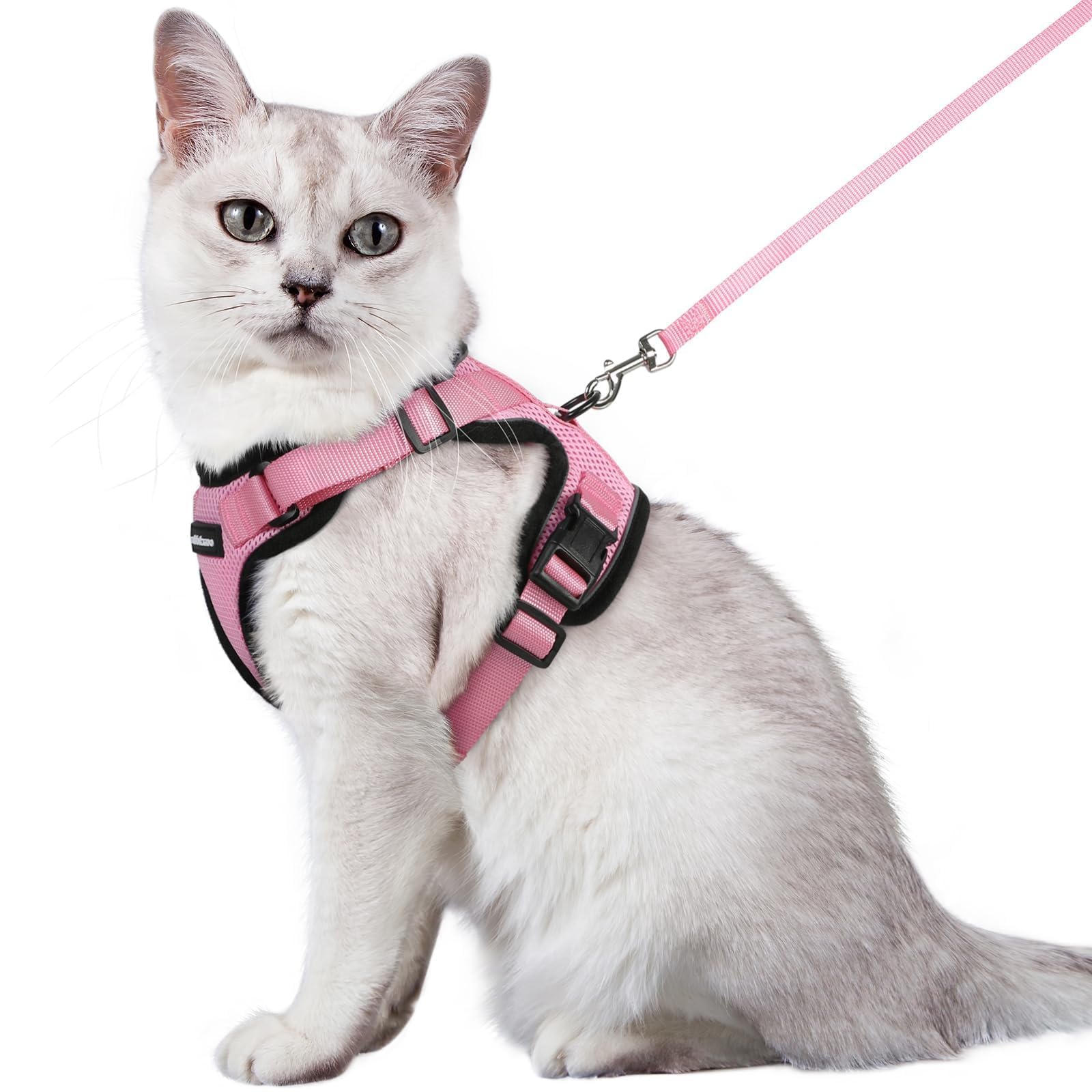 Rabbitgoo cat harness pink front view showing escape-proof design for safe outdoor strolls