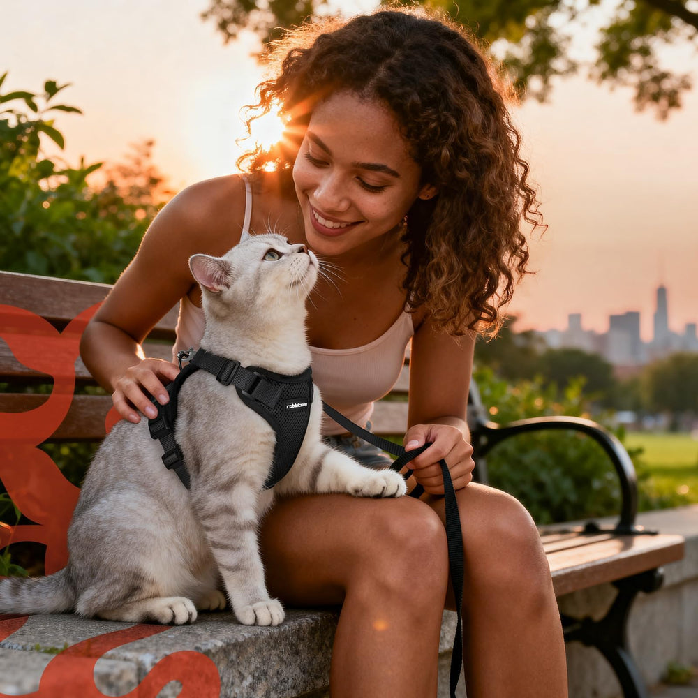 Rabbitgoo cat harness in black suits daily indoor to outdoor adventures.