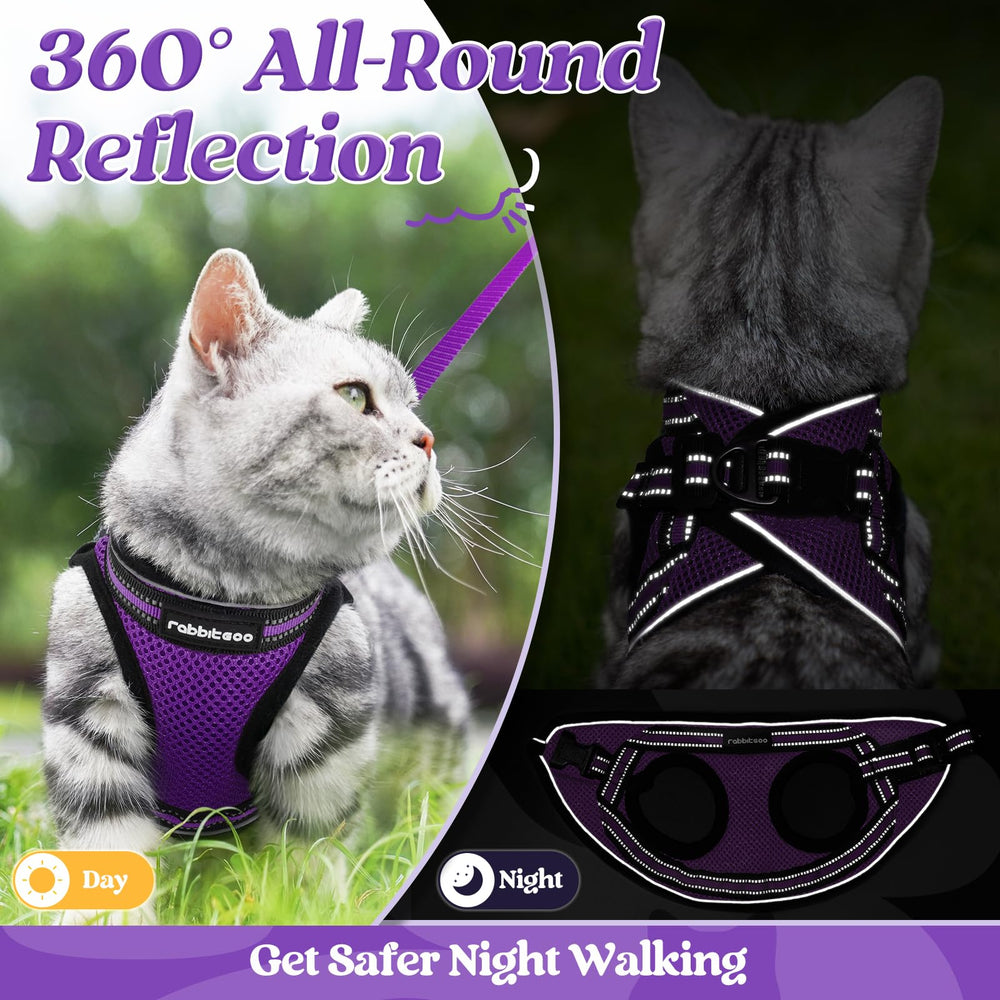 Rabbitgoo purple cat harness ready for safe neighborhood strolls