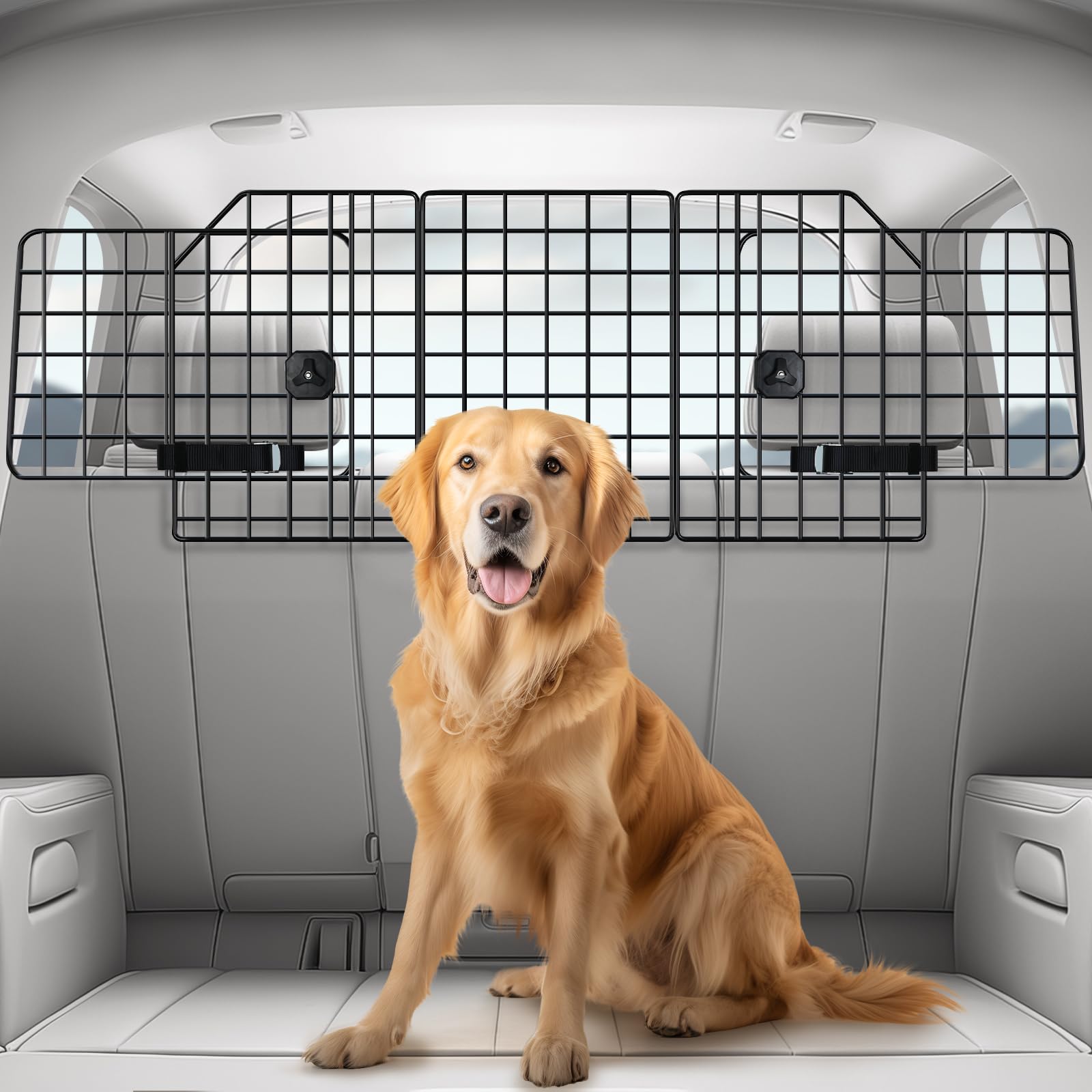 Rabbitgoo dog car barrier back-seat setup shows secure headrest straps for distraction-free drives.