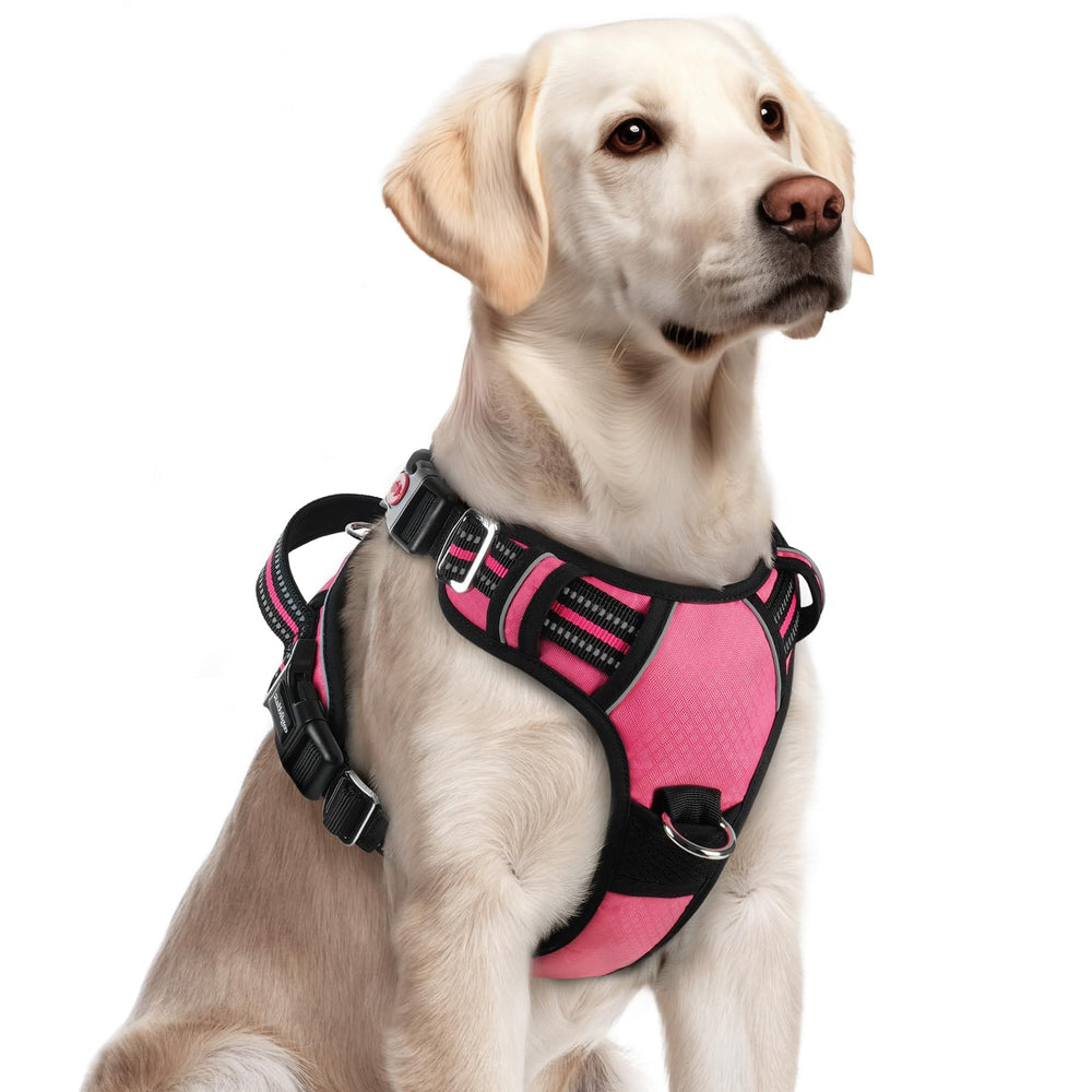 Rabbitgoo dog harness with three buckles in pink for easy on/off.