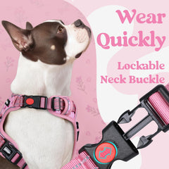 Rabbitgoo dog harness floral pink buckle close-up highlights quick-release safety