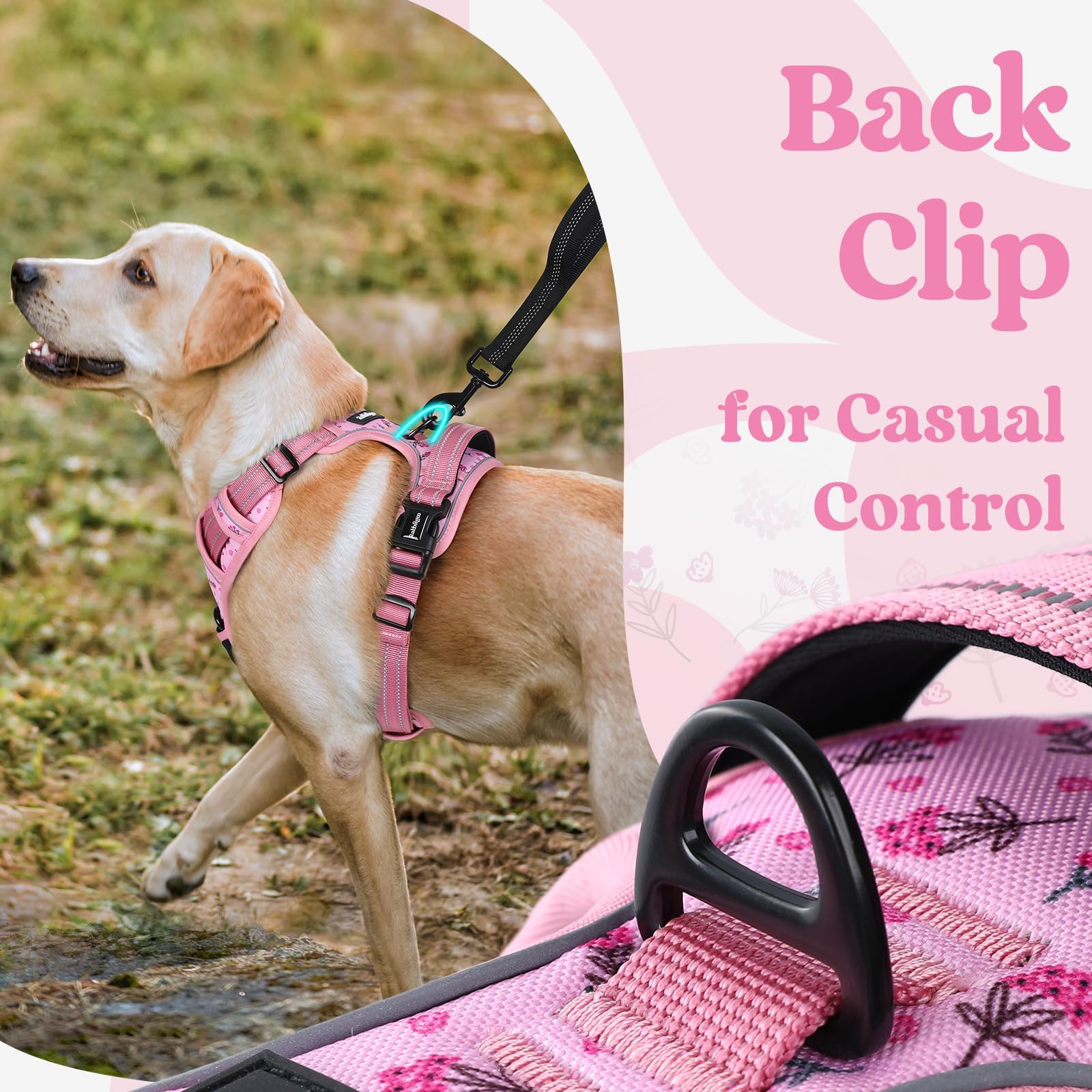 Rabbitgoo dog harness floral pink reflective stitching enhances visibility during strolls