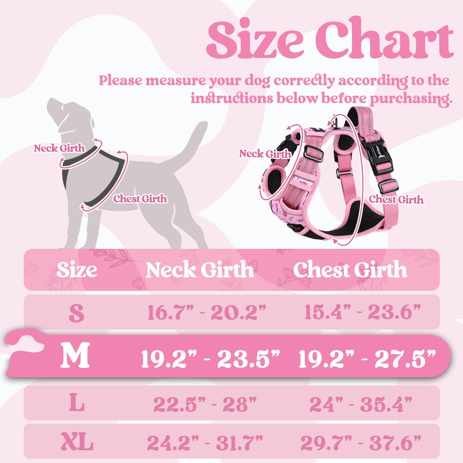 Rabbitgoo dog harness floral pink side view demonstrates adjustable straps for comfortable movement