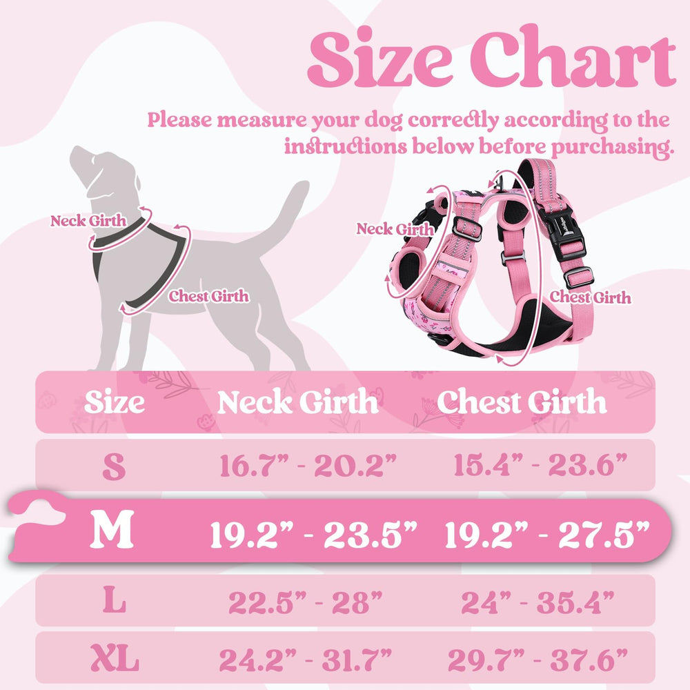 Rabbitgoo dog harness floral pink side view demonstrates adjustable straps for comfortable movement