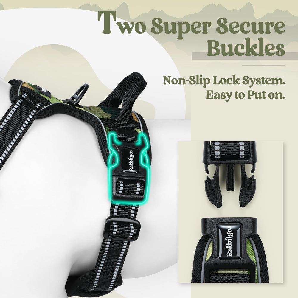 Rabbitgoo Green Mountain back view emphasizes dual leash rings for versatile walking options.