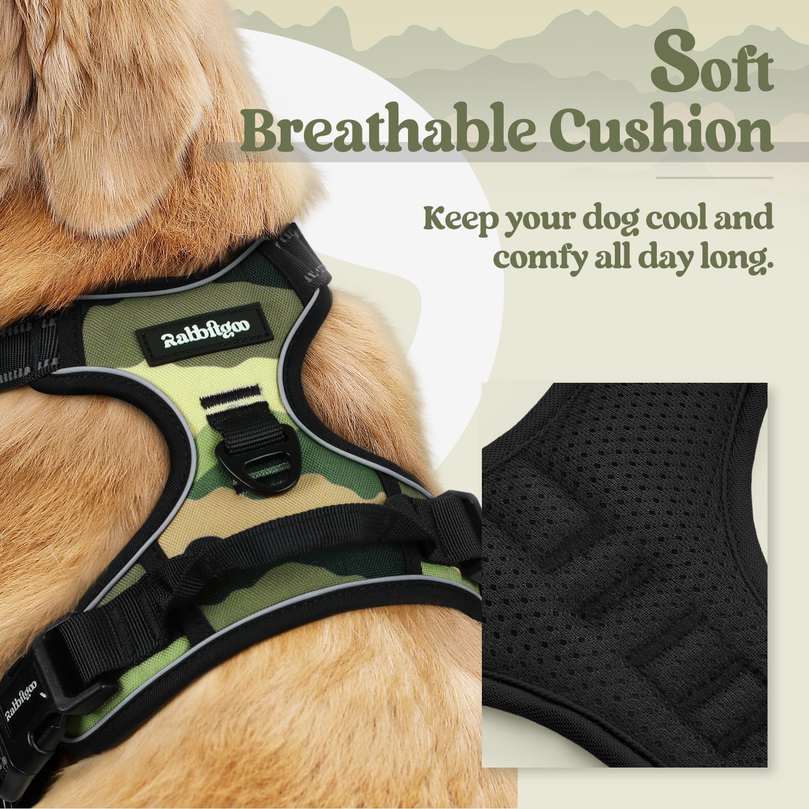 Rabbitgoo Green Mountain harness side view highlighting chest clip for controlling pulling during walks.