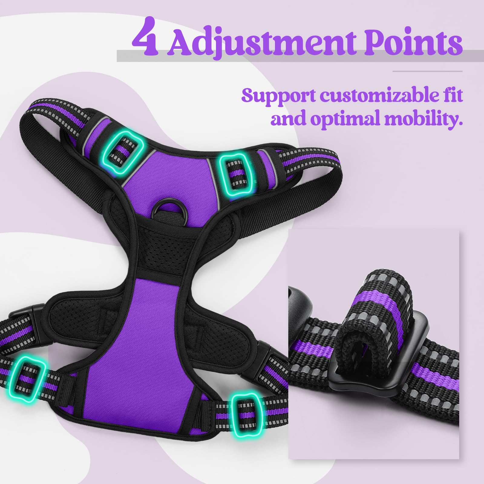 Rabbitgoo reflective strips harness in purple for enhanced visibility.