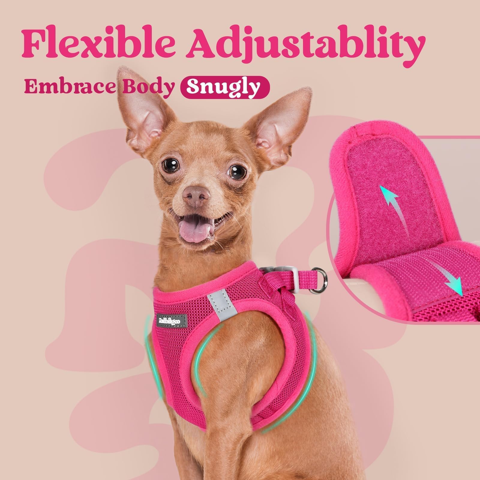 Rabbitgoo rose red harness has reflective bands for better visibility at night.