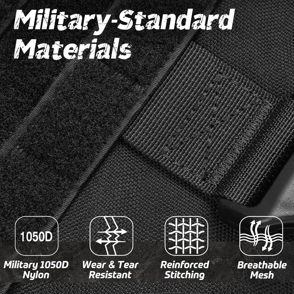 Rabbitgoo Tactical Harness back view highlights reinforced top handle for lifting and guidance.