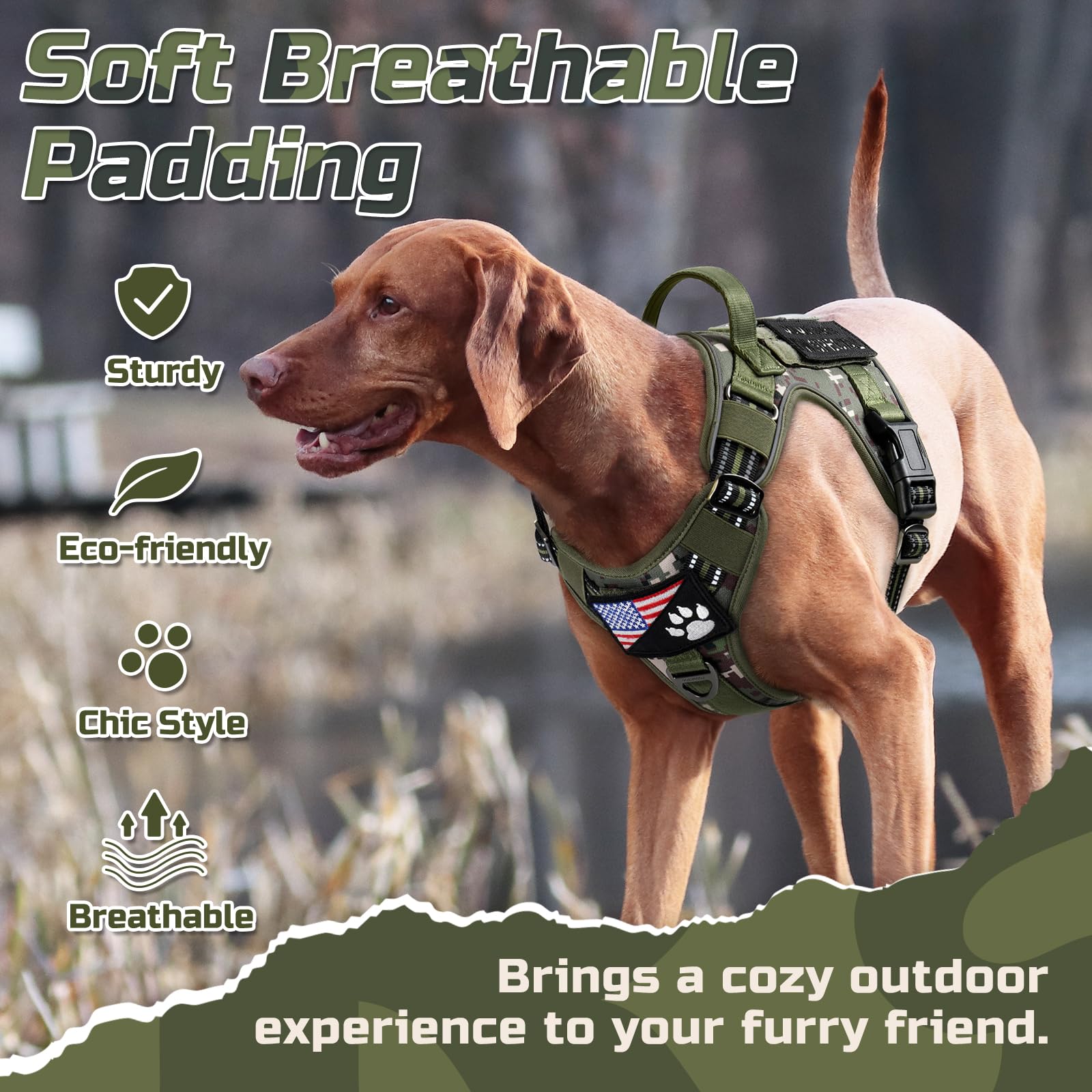rabbitgoo Tactical Dog Harness green camo padding highlights breathable air mesh comfort