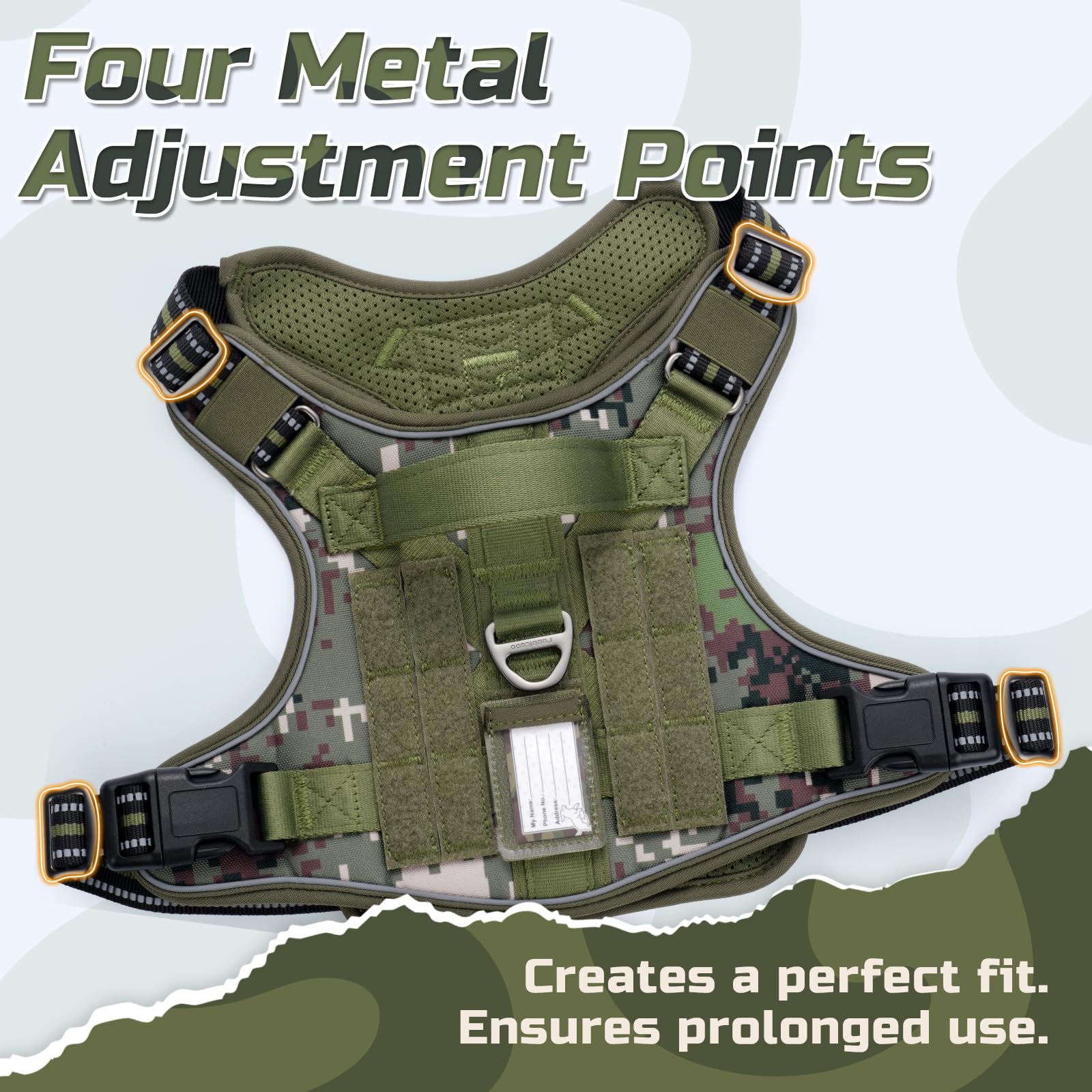 rabbitgoo Tactical Dog Harness green camo reflective trims enhance nighttime visibility