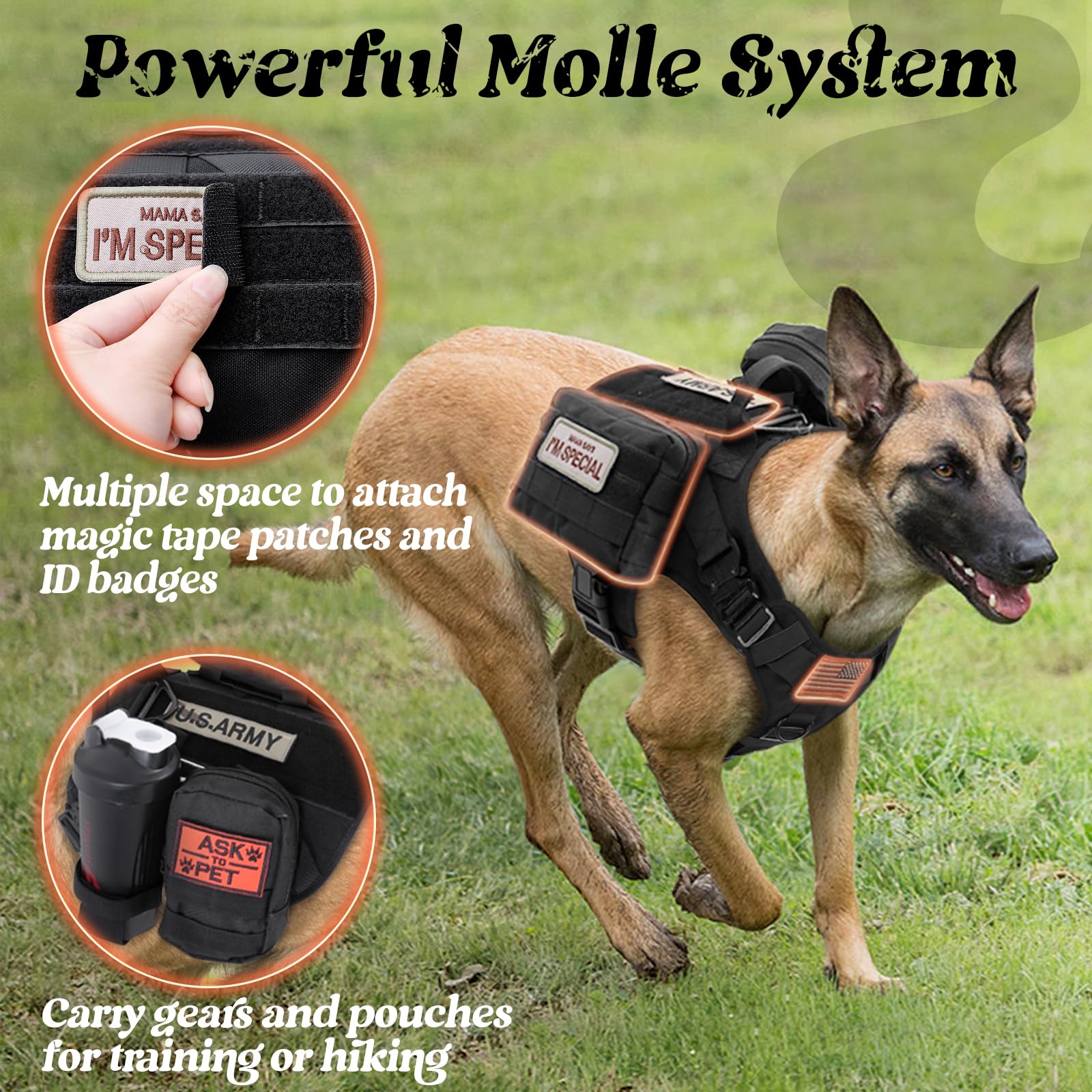 Rabbitgoo Tactical Harness top-down shot emphasizes quick-release buckles for easy on/off.