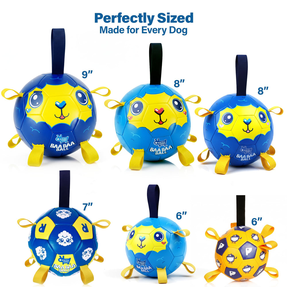 Race&Herd 8in Jolly Soccer Ball blue straps closeup—handles for easy tossing and fetching.