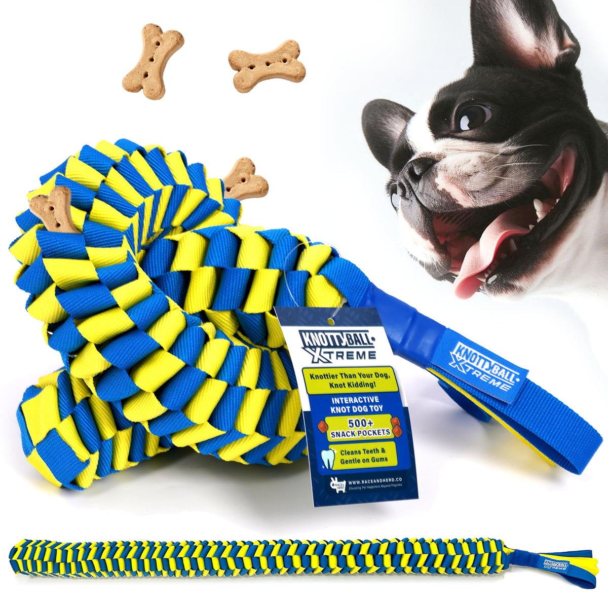 Race&Herd KnottyBall Xtreme front view with 500 treat pockets for mental enrichment