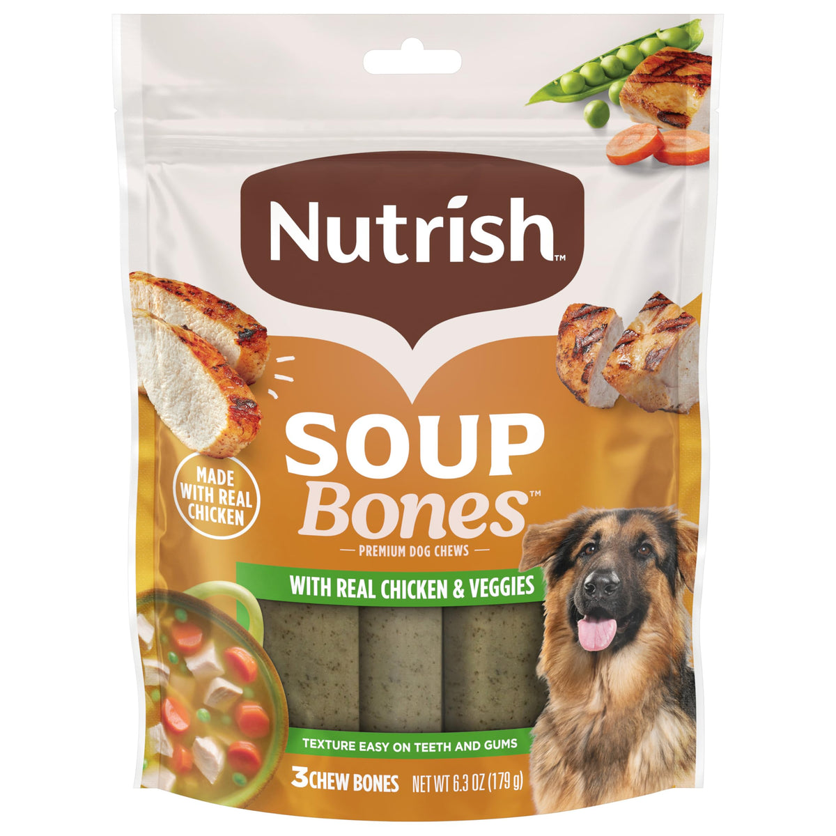 Rachael Ray Nutrish Soup Bones bag front—premium chews for all sizes, dental-friendly texture.