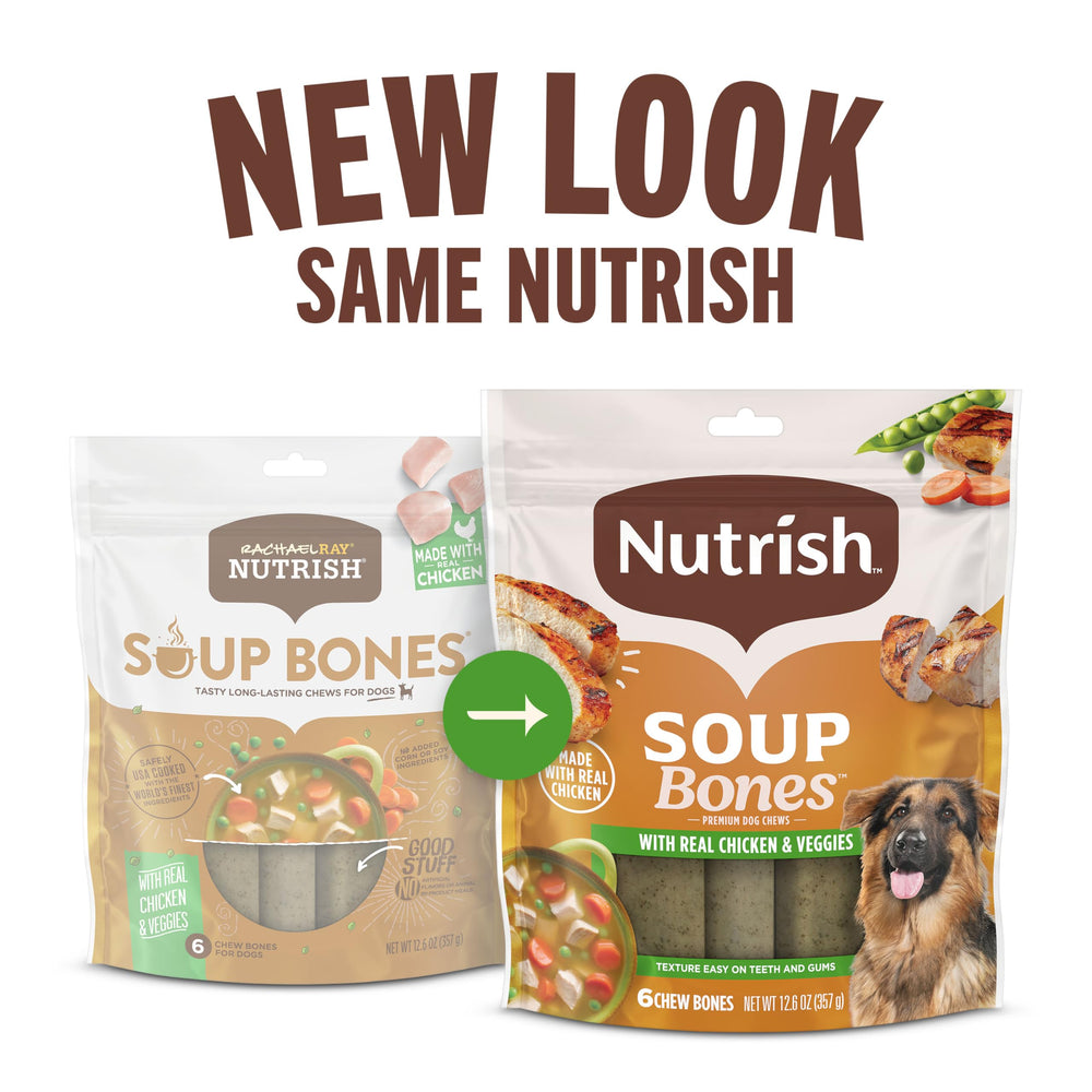 Rachael Ray Nutrish Soup Bones real chicken chunks close-up—savory flavor dogs love.
