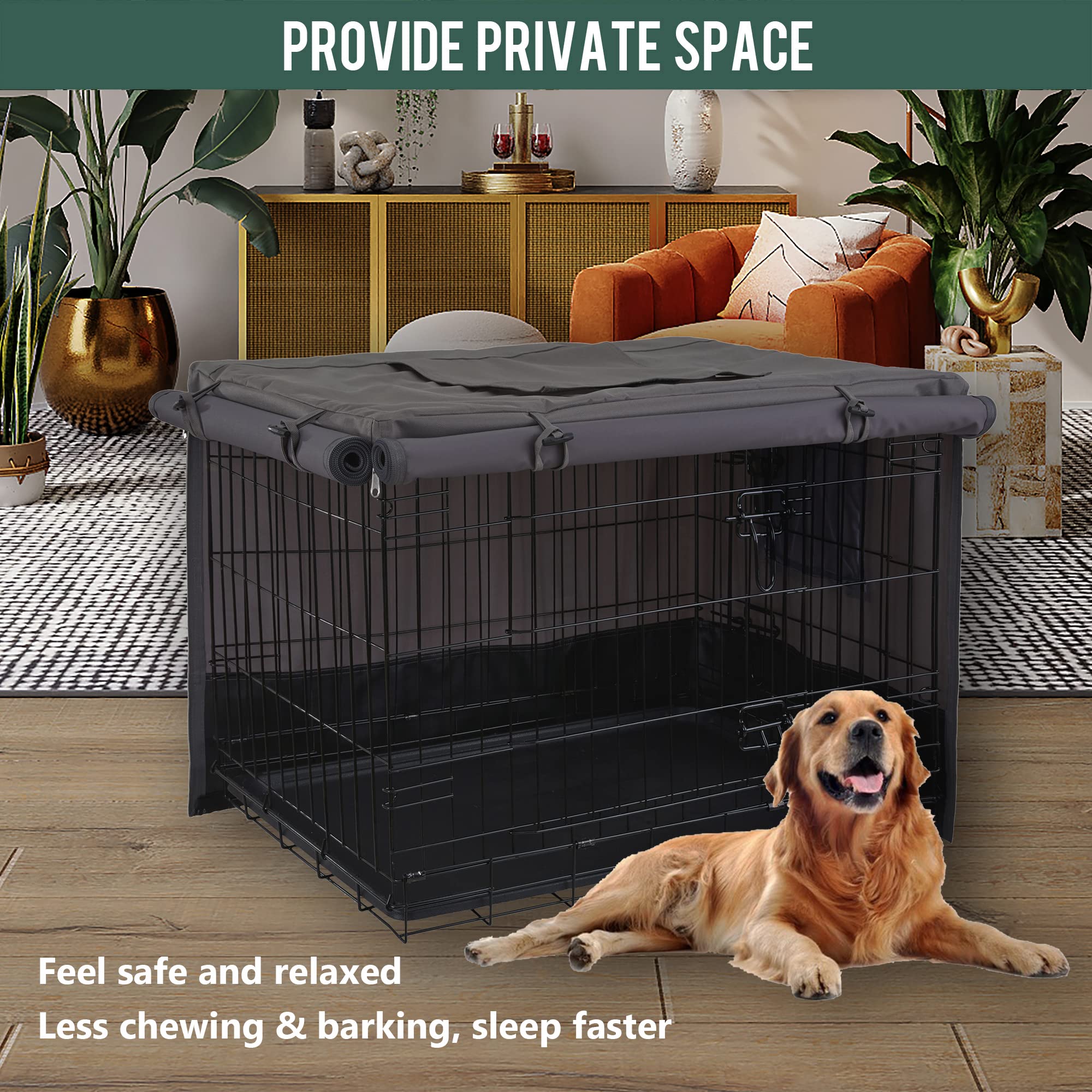 Rachmi Privacy Dog Crate Cover side mesh window provides ventilation and odor control.