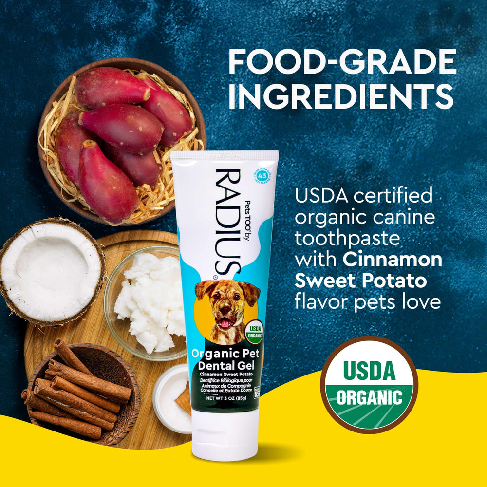 RADIUS canine toothpaste ingredients sweet potato and coconut oil support plaque control.