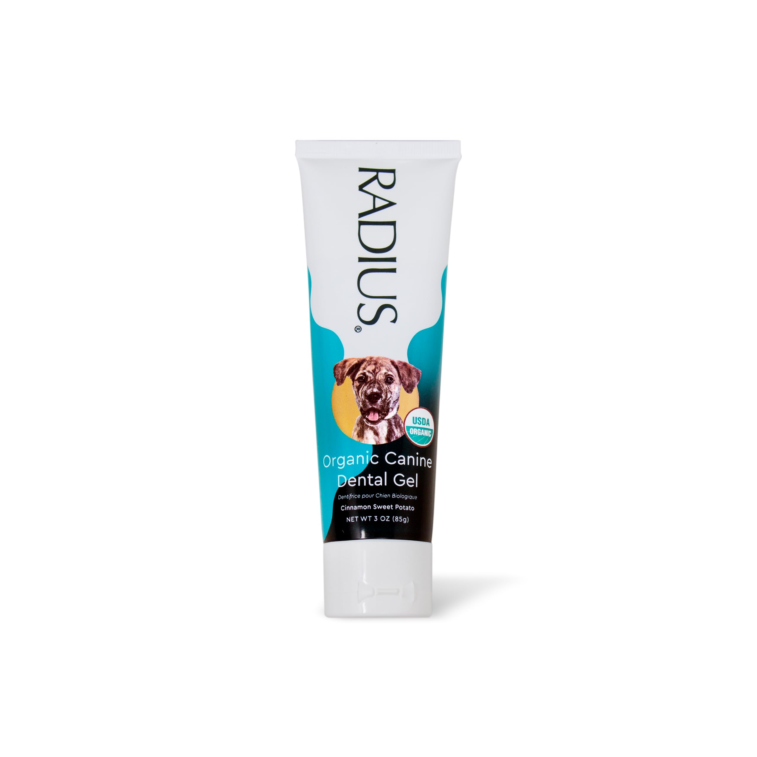 RADIUS canine toothpaste label closeup highlights xylitol-free, non-toxic formula for pets.