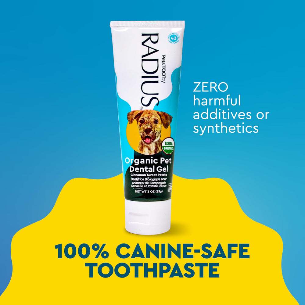 RADIUS canine toothpaste packaging displays pure, organic care for dogs.