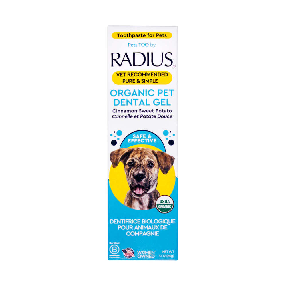 RADIUS canine toothpaste tube demonstrates organic formula for safe dog dental care.