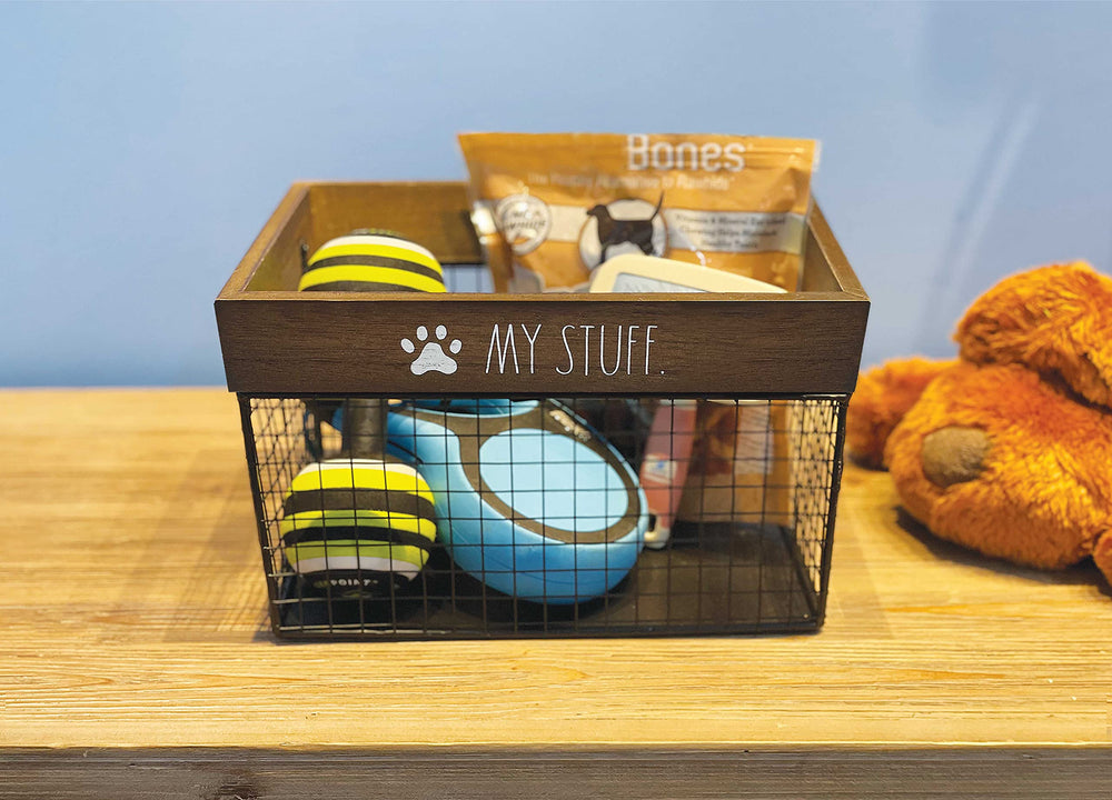 Rae Dunn Pet Toy Storage Bin metal and wood texture supports stylish pet clutter control