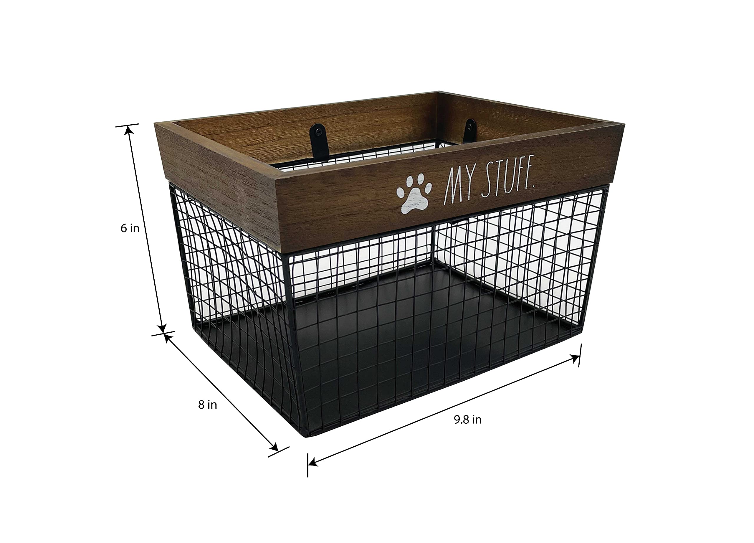 Rae Dunn Pet Toy Storage Bin side detail highlights durable metal and wood construction for durable organization