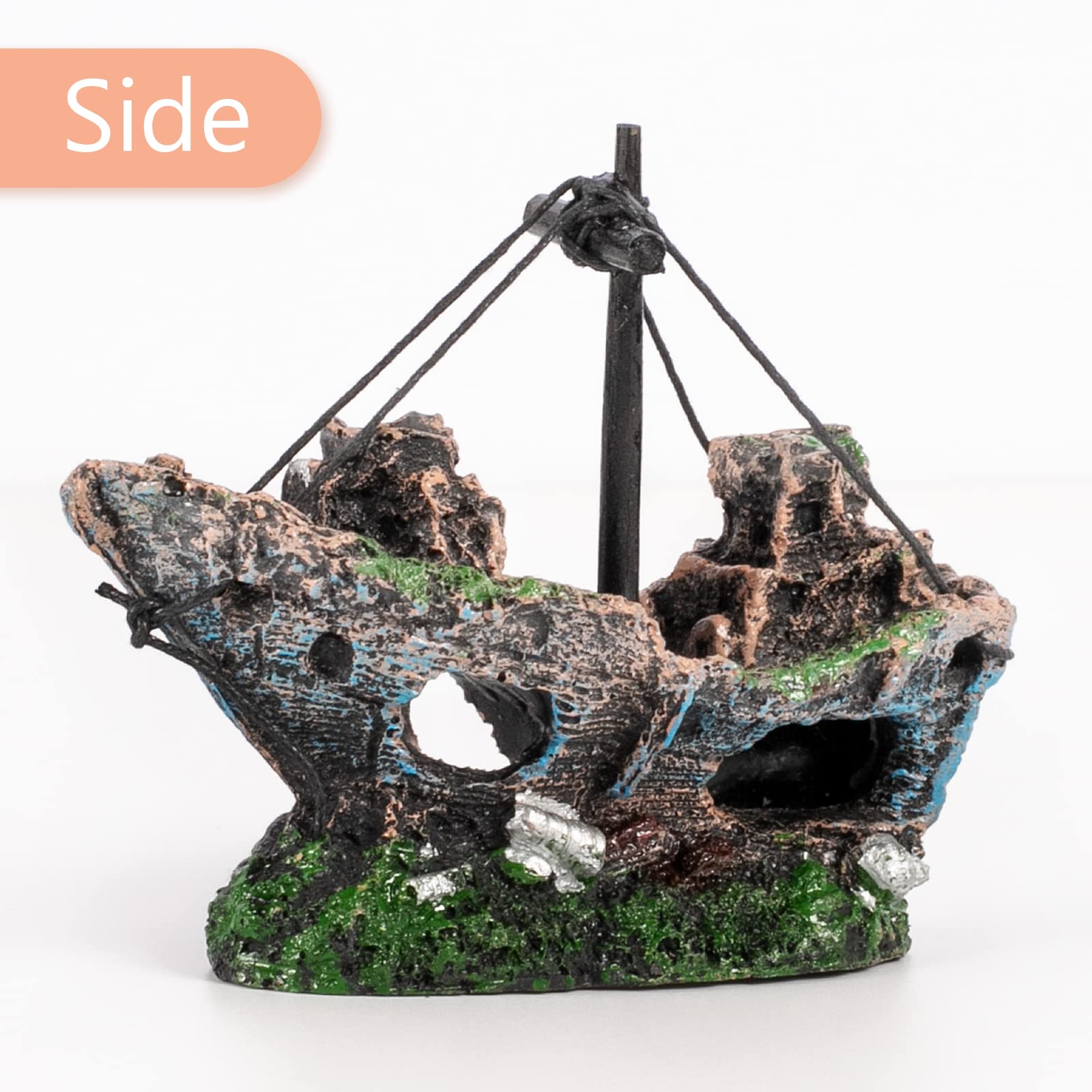 Raeasily multi-color shipwreck decor complements plants and rocks for a cohesive scene.