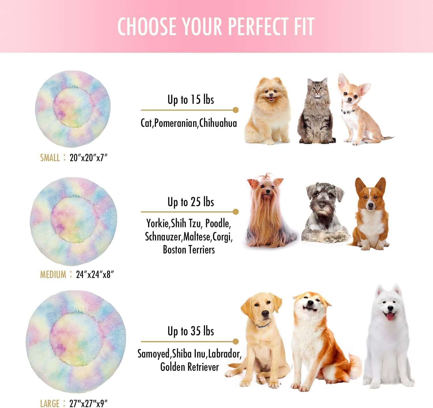 Rainbow Donut Bed 20x20 fits pets up to 15 lbs