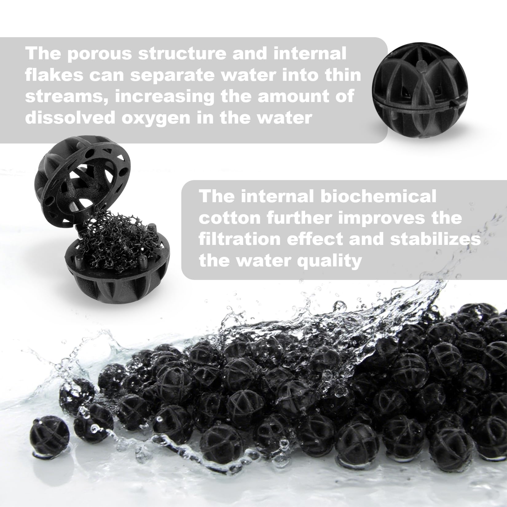 RAINFLOW Aquarium Bio Balls durable polymer closeup showing long-lasting, low-debris filtration media.