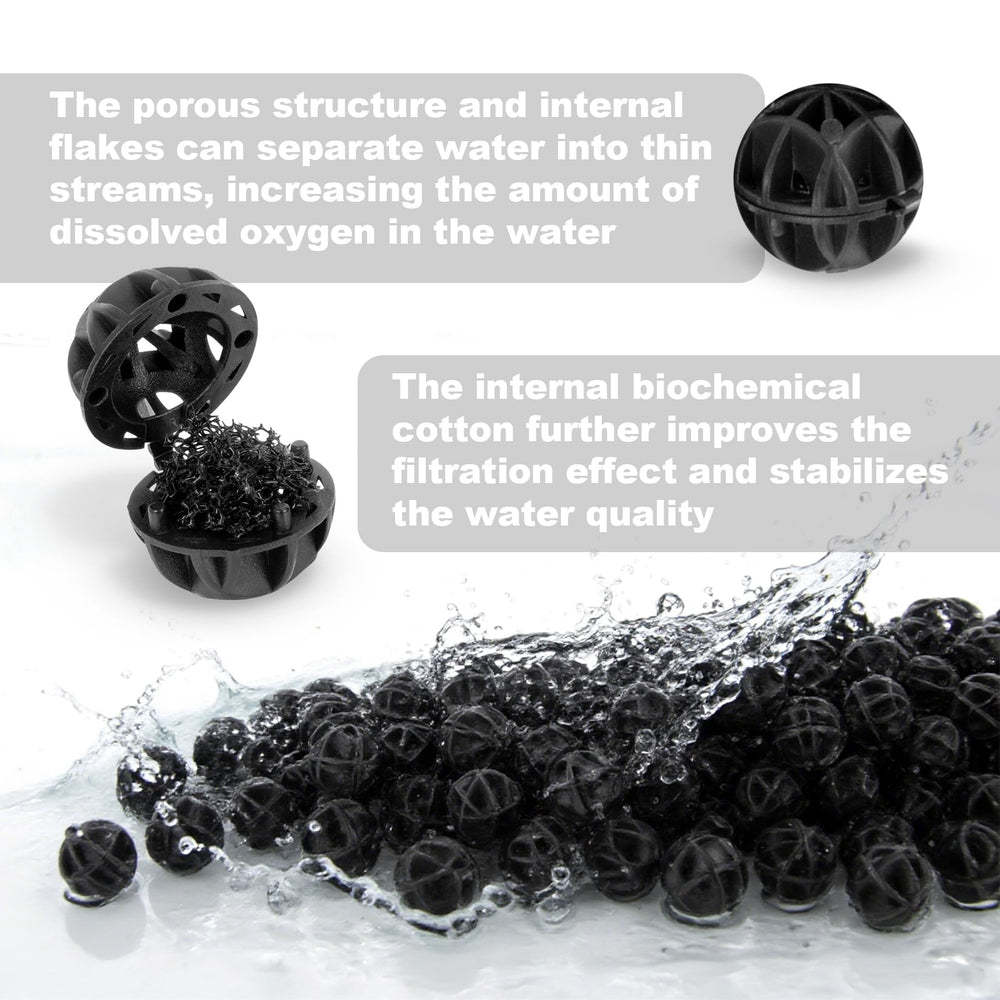 RAINFLOW Aquarium Bio Balls durable polymer closeup showing long-lasting, low-debris filtration media.
