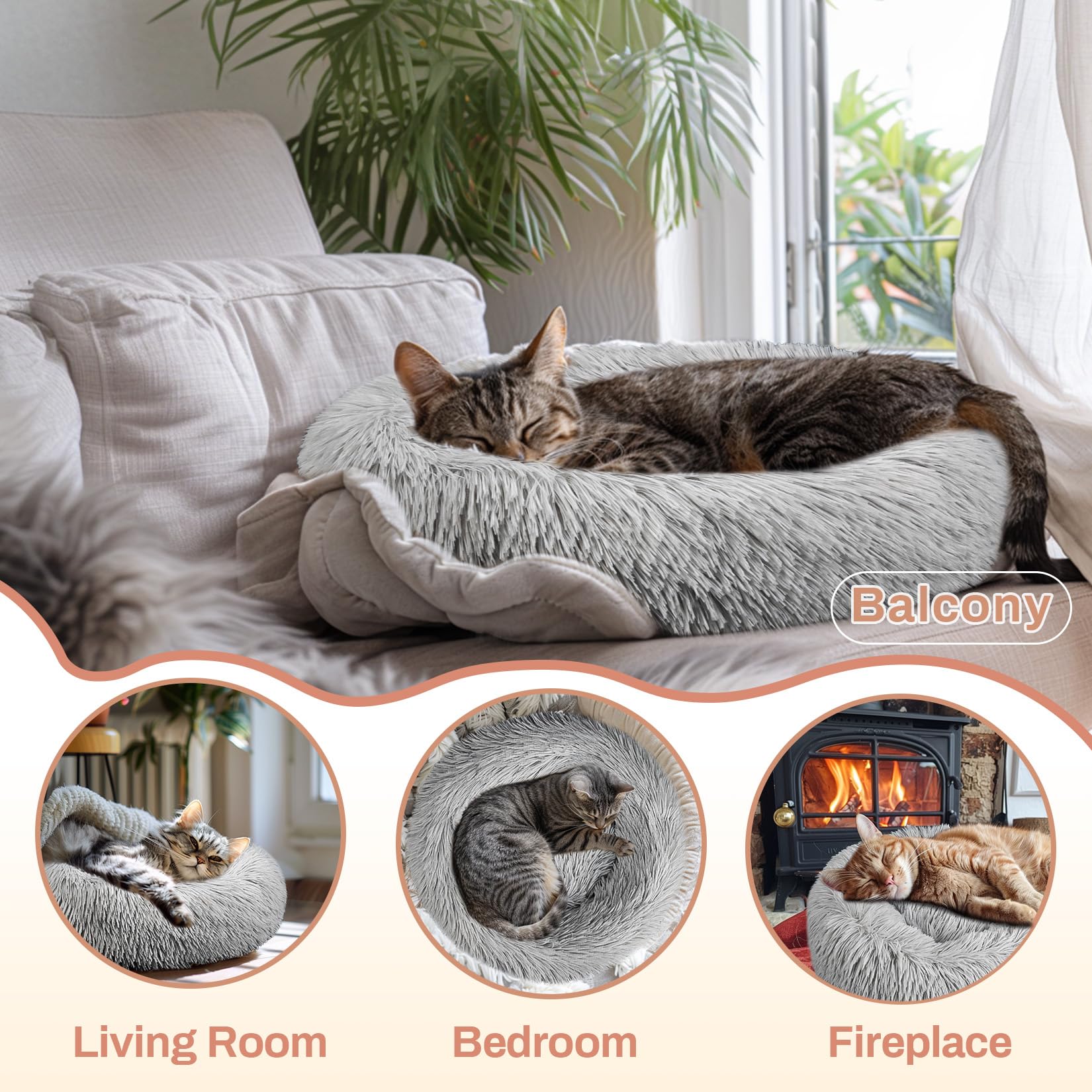 RAINFLOW cat bed round-donut vacuum-pack shows plush fluff waking after unpacking