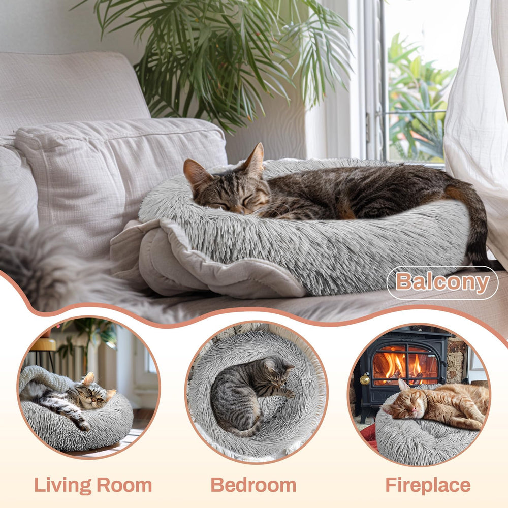 RAINFLOW cat bed round-donut vacuum-pack shows plush fluff waking after unpacking