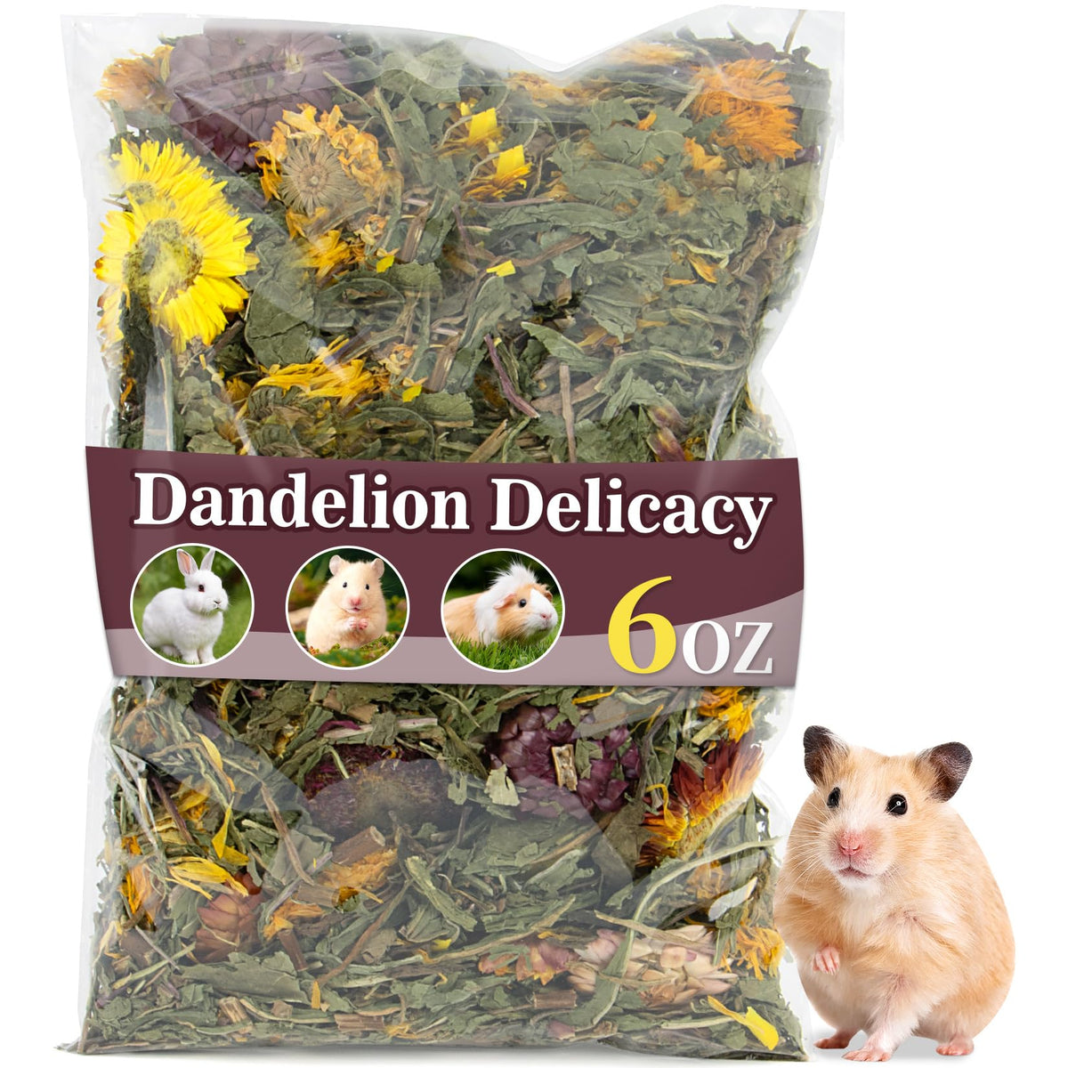 RAINFLOW Dandelion Delicacy packaging front highlighting natural herb blend for small pets.