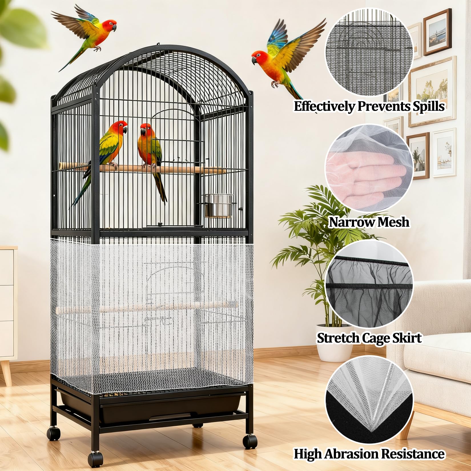 RAINFLOW seed-feather containment keeps cage area tidier.
