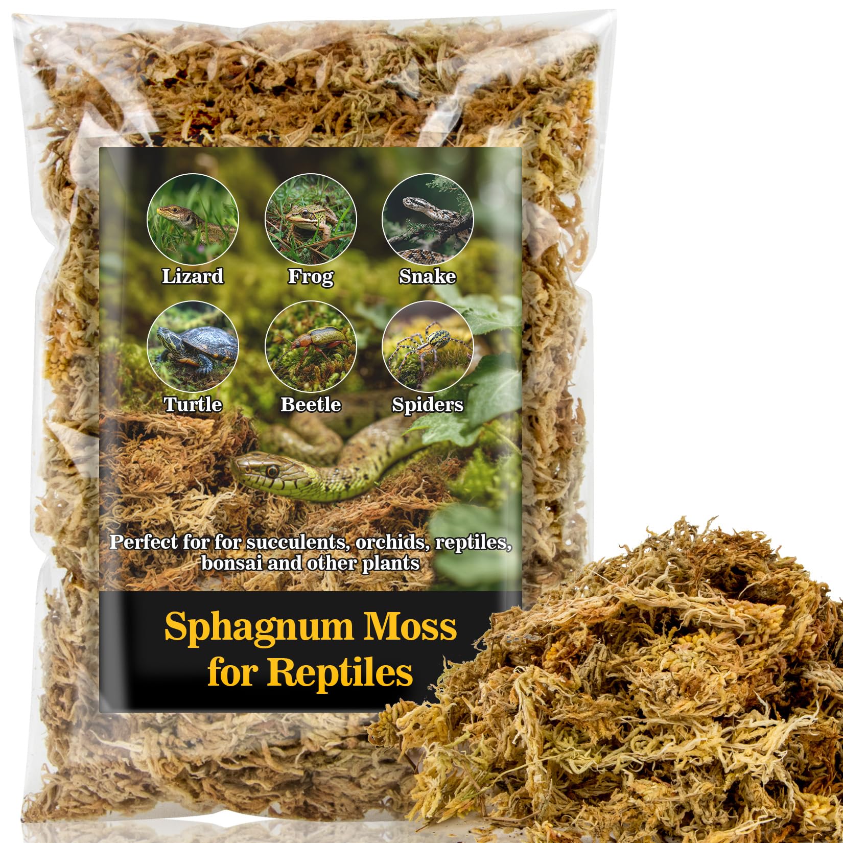 RAINFLOW sphagnum moss reptile bedding bag closeup showing moist texture for hiding spots.